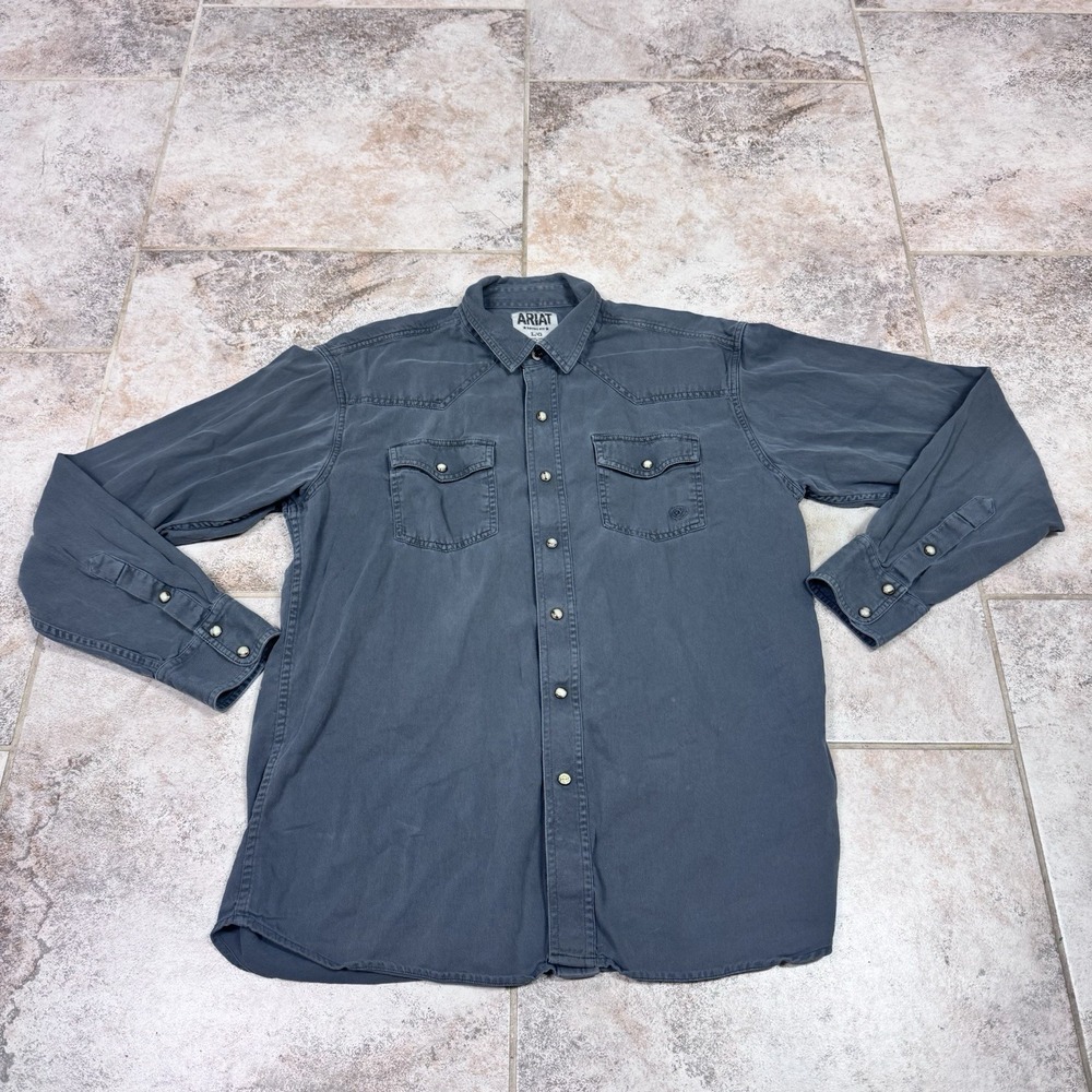 Ariat Shirt Men's Large Gray Retro Fit Pearl Snap Rodeo Cowboy Long Sleeve Denim